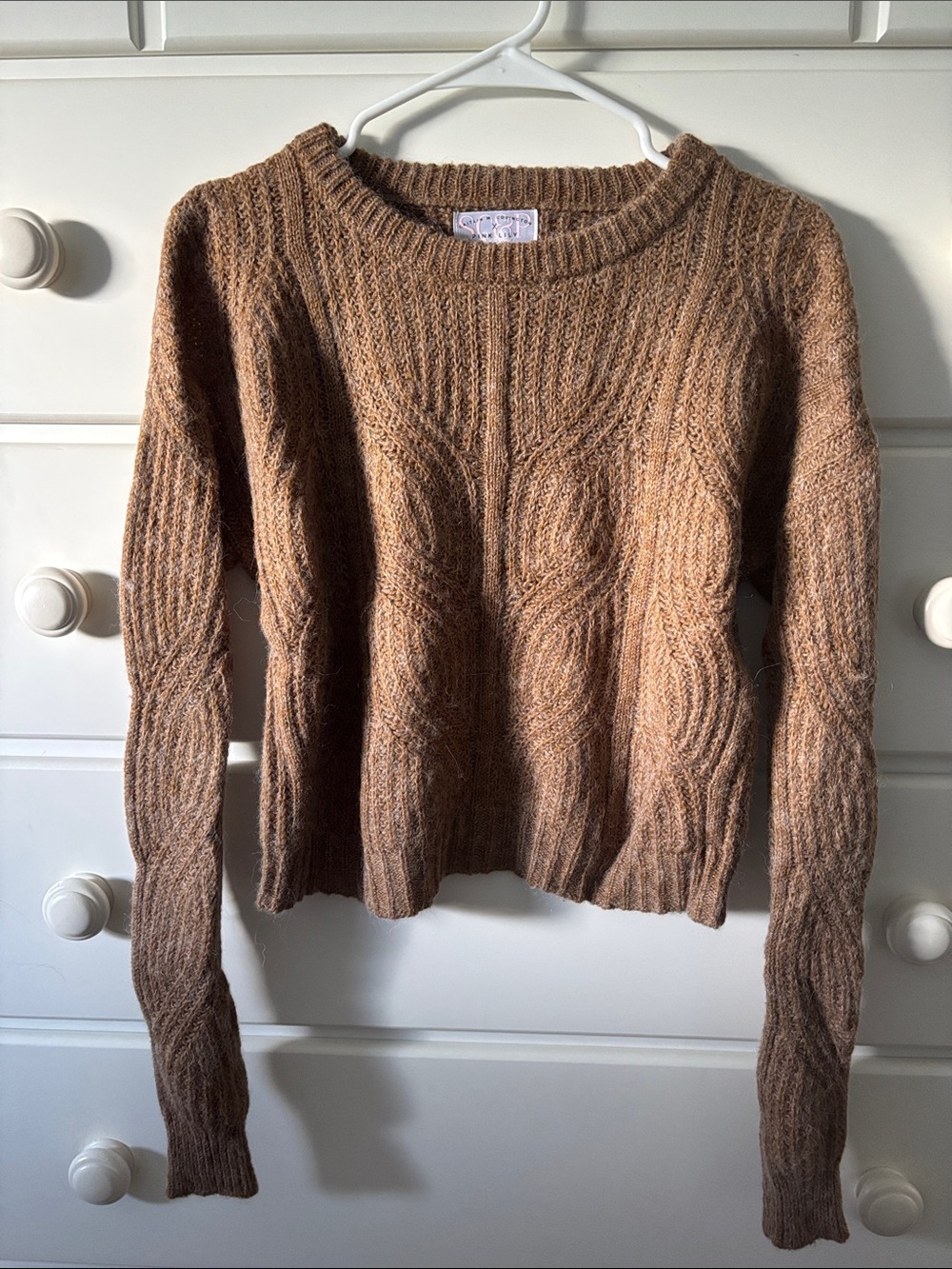 Pink Lily Tan Cable-Knit Crewneck Sweater